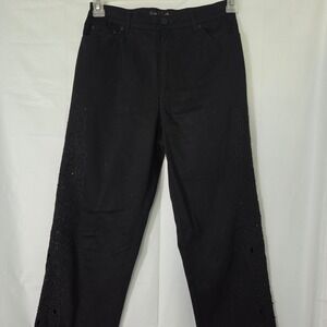 Lana Erica Womens Black Embroidered Beaded Eyelet Straight Leg Pants Size 4